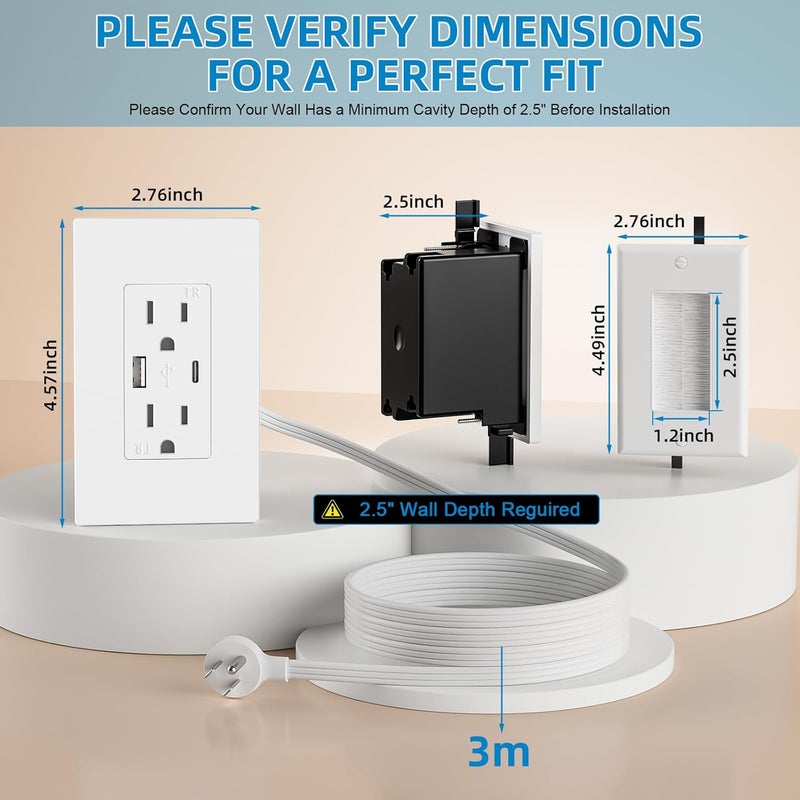 Celendor in Wall Cable Management Kit,Recessed Outlet Box for Wall Mount TV,Recessed Power Box with AC/USB Ports & 9.8ft Extender for Unreachable Outlets,Hide TV Cords & Cables - Image 2